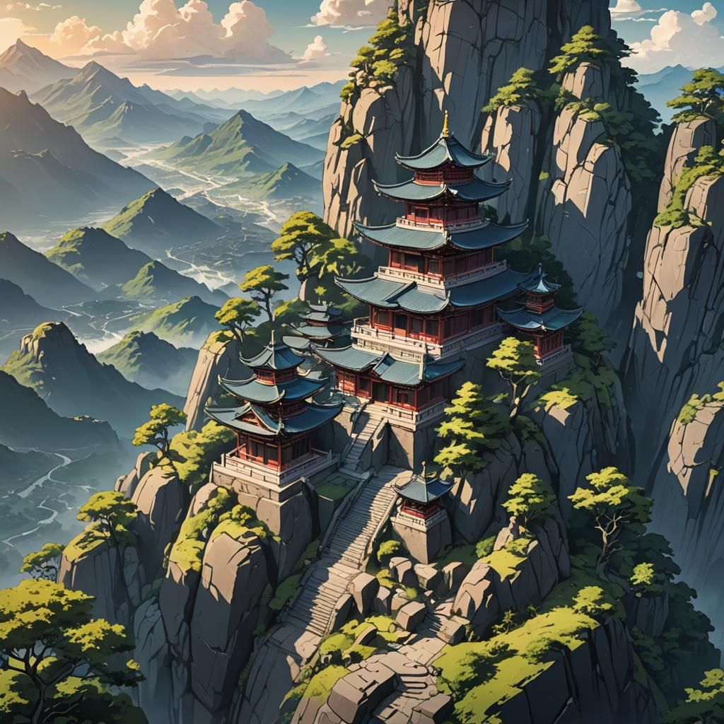 Mountain Temple in Anime Style with Cinematic Lighting