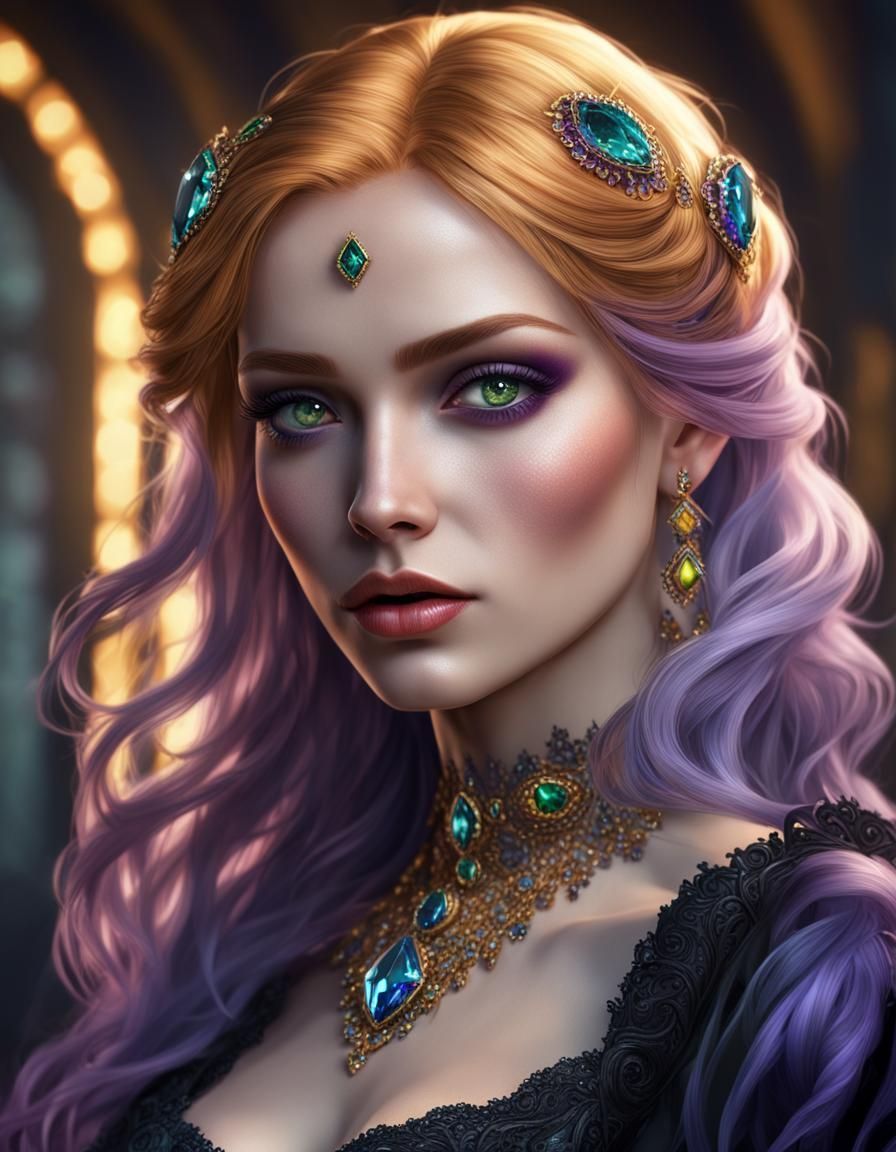 Gothic Woman with Emerald Eyes, Hyperdetailed Fantasy Art