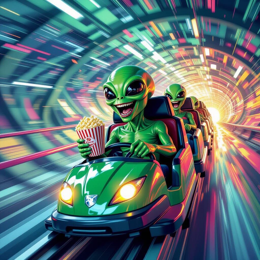 Thrilled Green Alien on Roller Coaster Ride