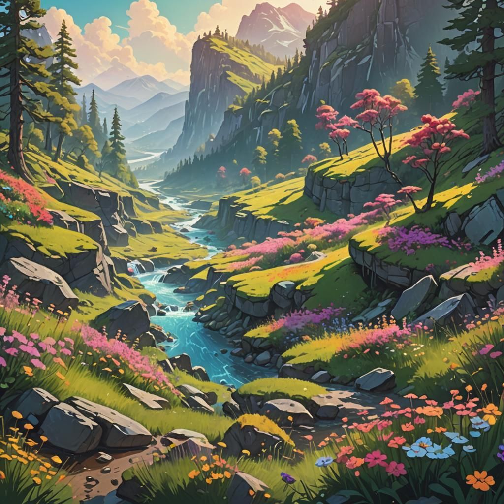 Fantasy Landscape with Rolling Mountains and Forests