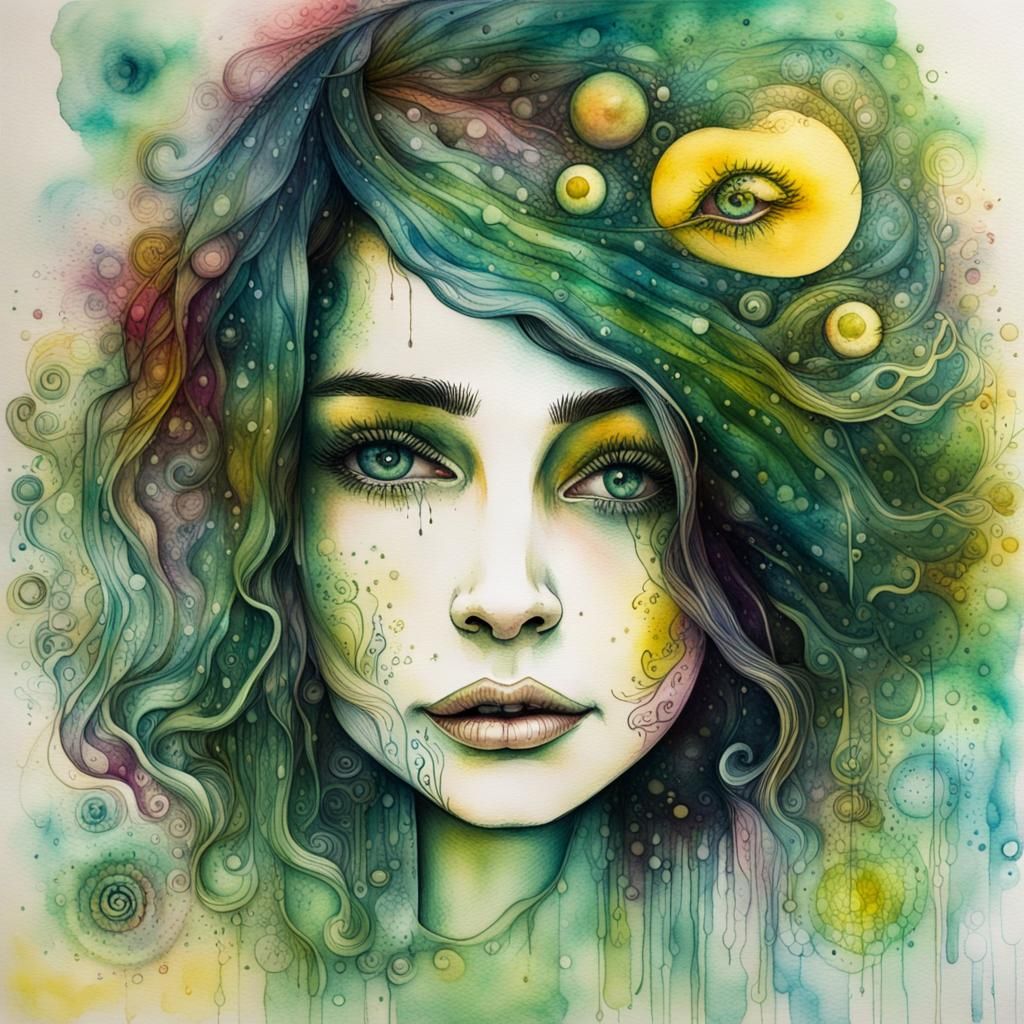 Woman Walking in a Surreal Watercolor Universe