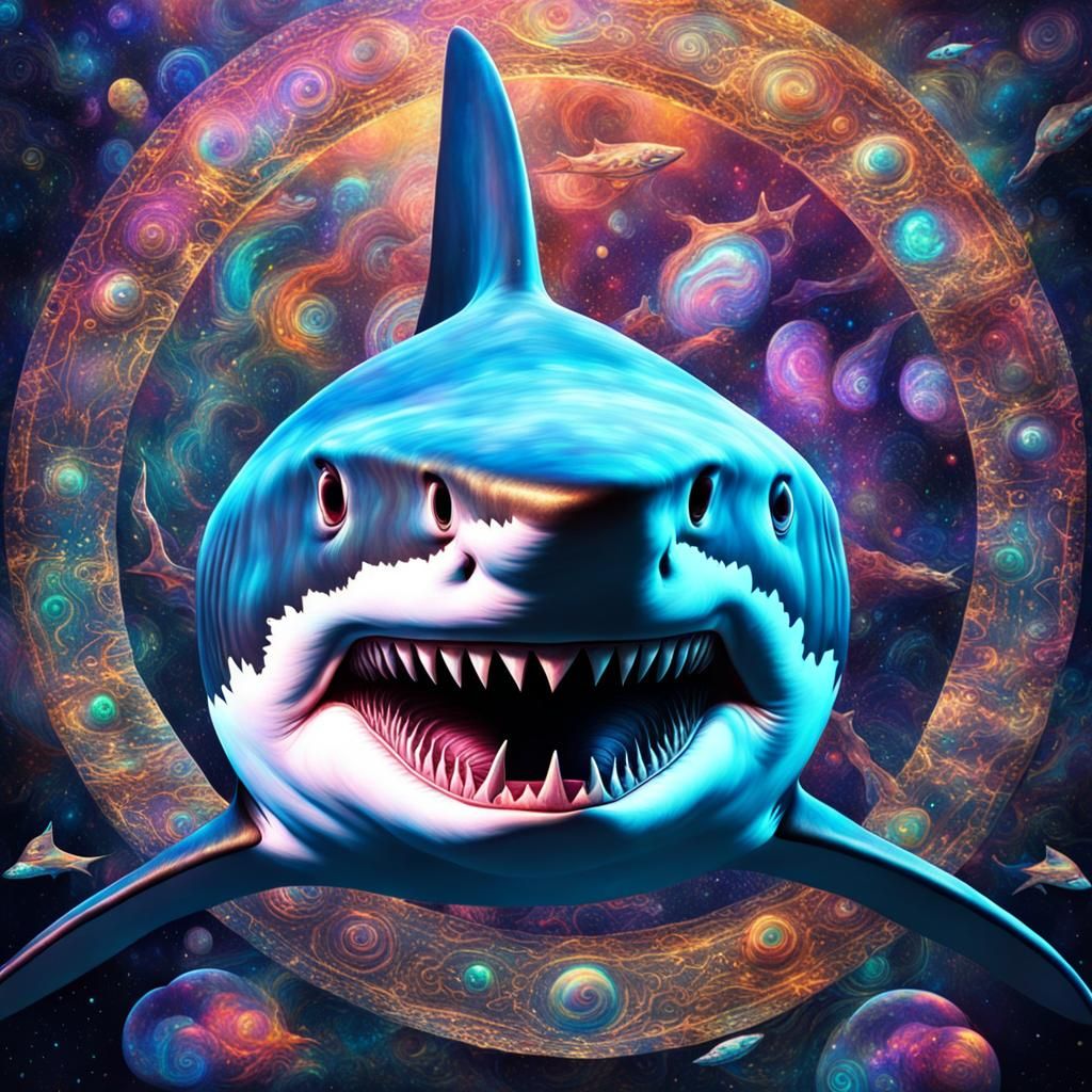 Cosmic Shark Holographic Illustration in Mixed Media