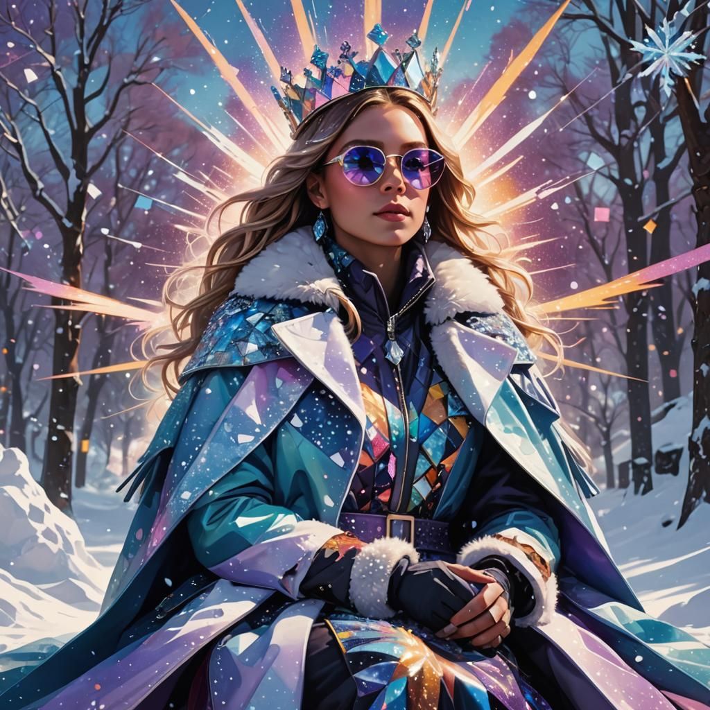 Girl with Crown in Sparkling Postmodern Snow Scene