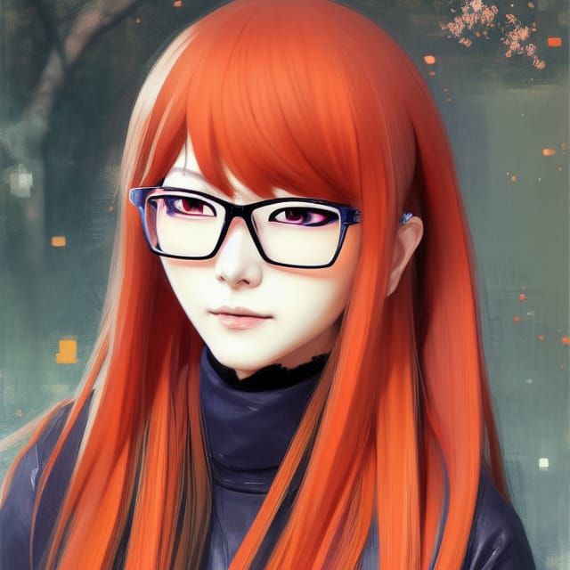 Portrait of Futaba Sakura with long straight orange hair and glasses Persona 5 Pino Daeni