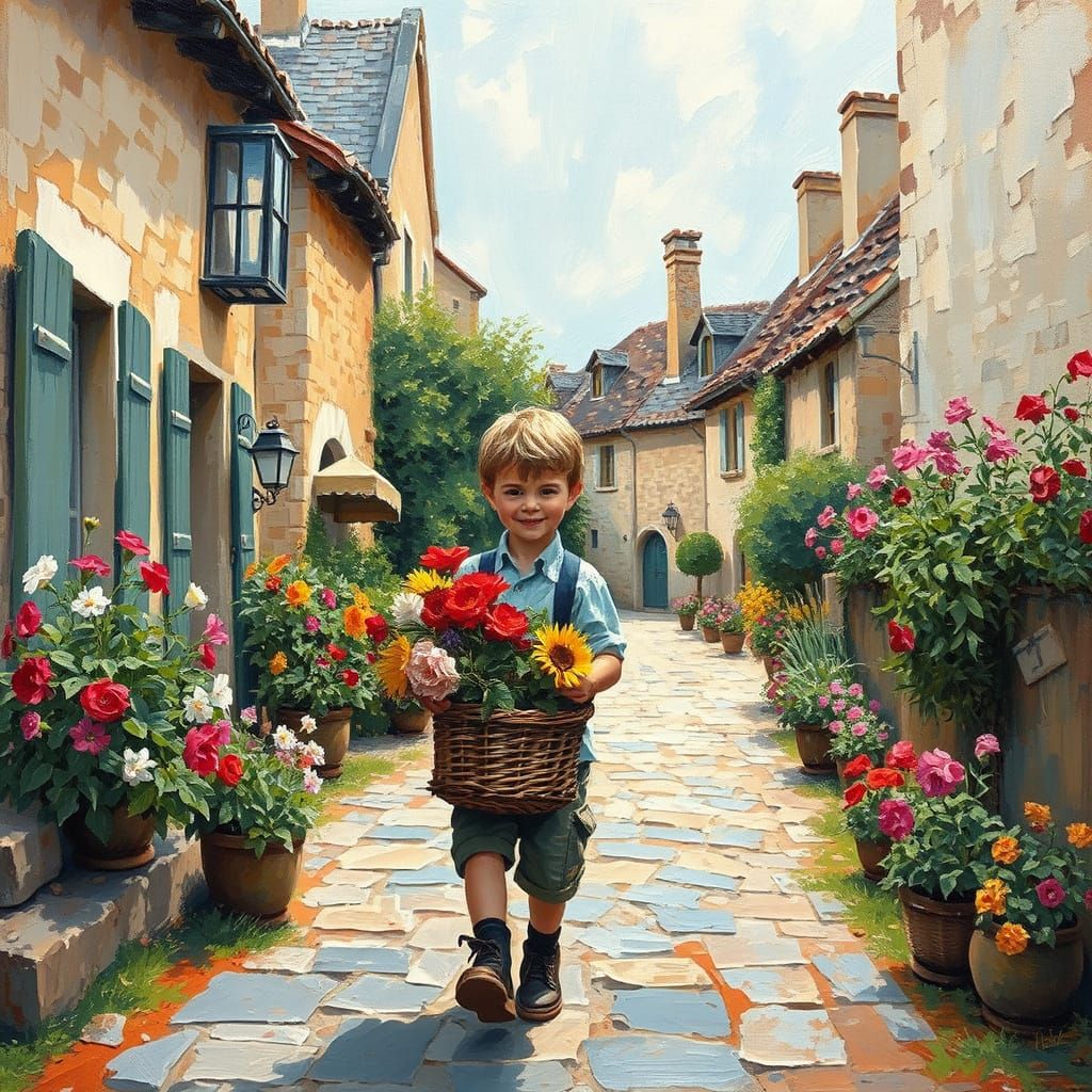 Boy With Flowers in Neo-Impressionist Style