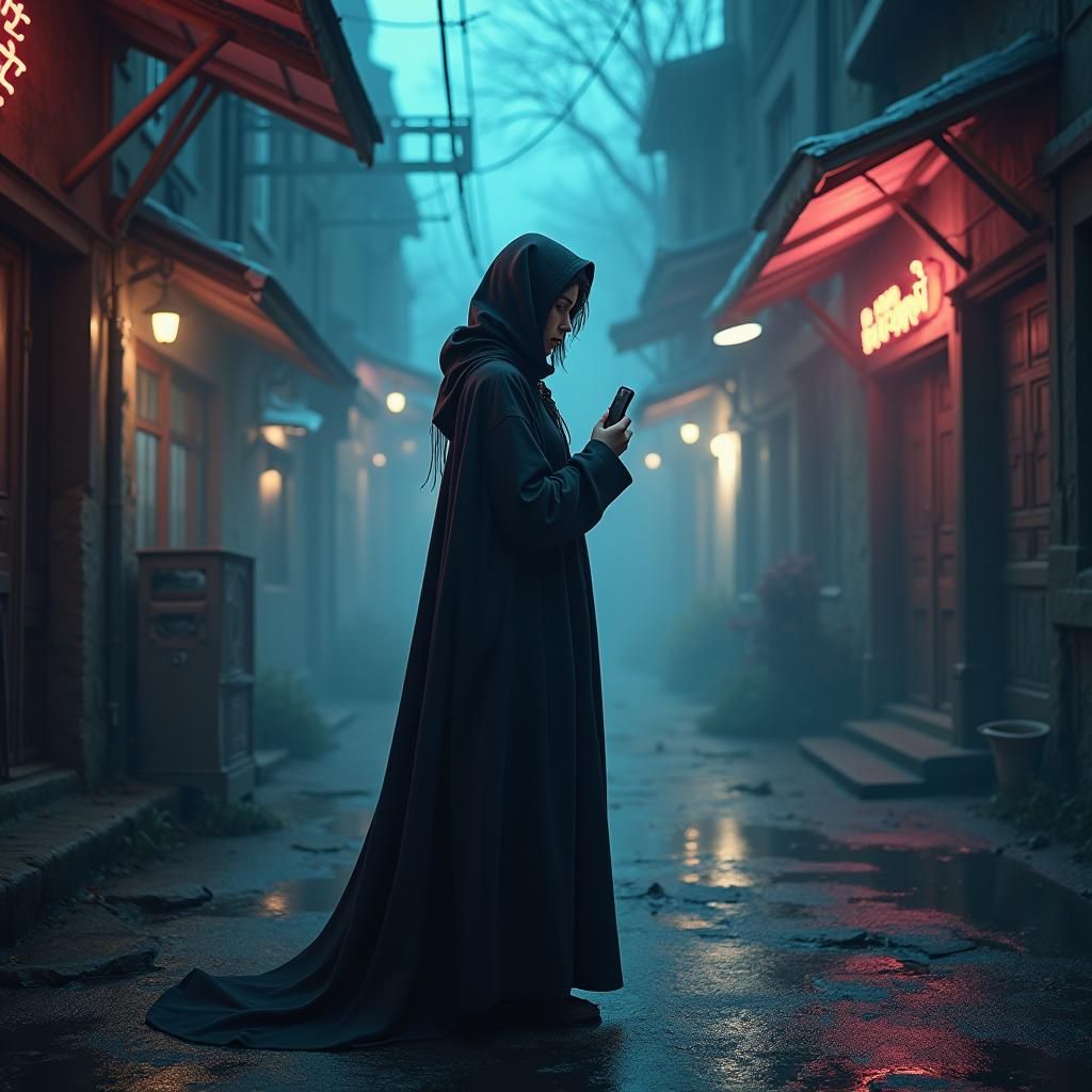 Girl with Smartwatch on Mystical Street, Digital Matte Paint...