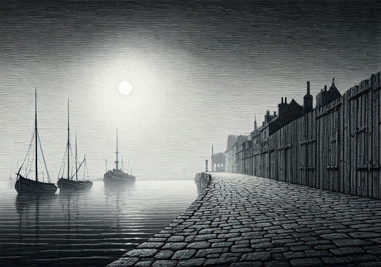 Highly detailed black and white  pen and ink drawing of a Victorian quayside