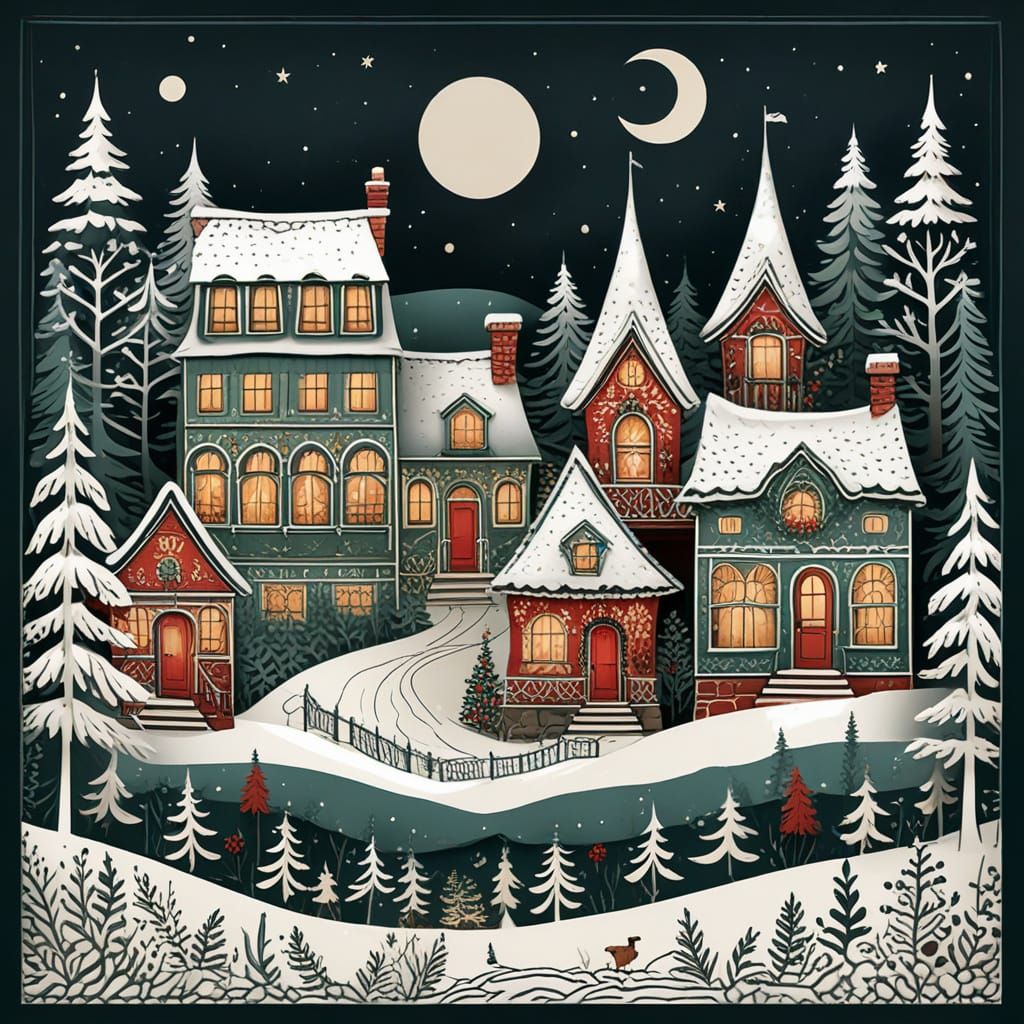 Folk Art Nouveau Winter Village Illustration