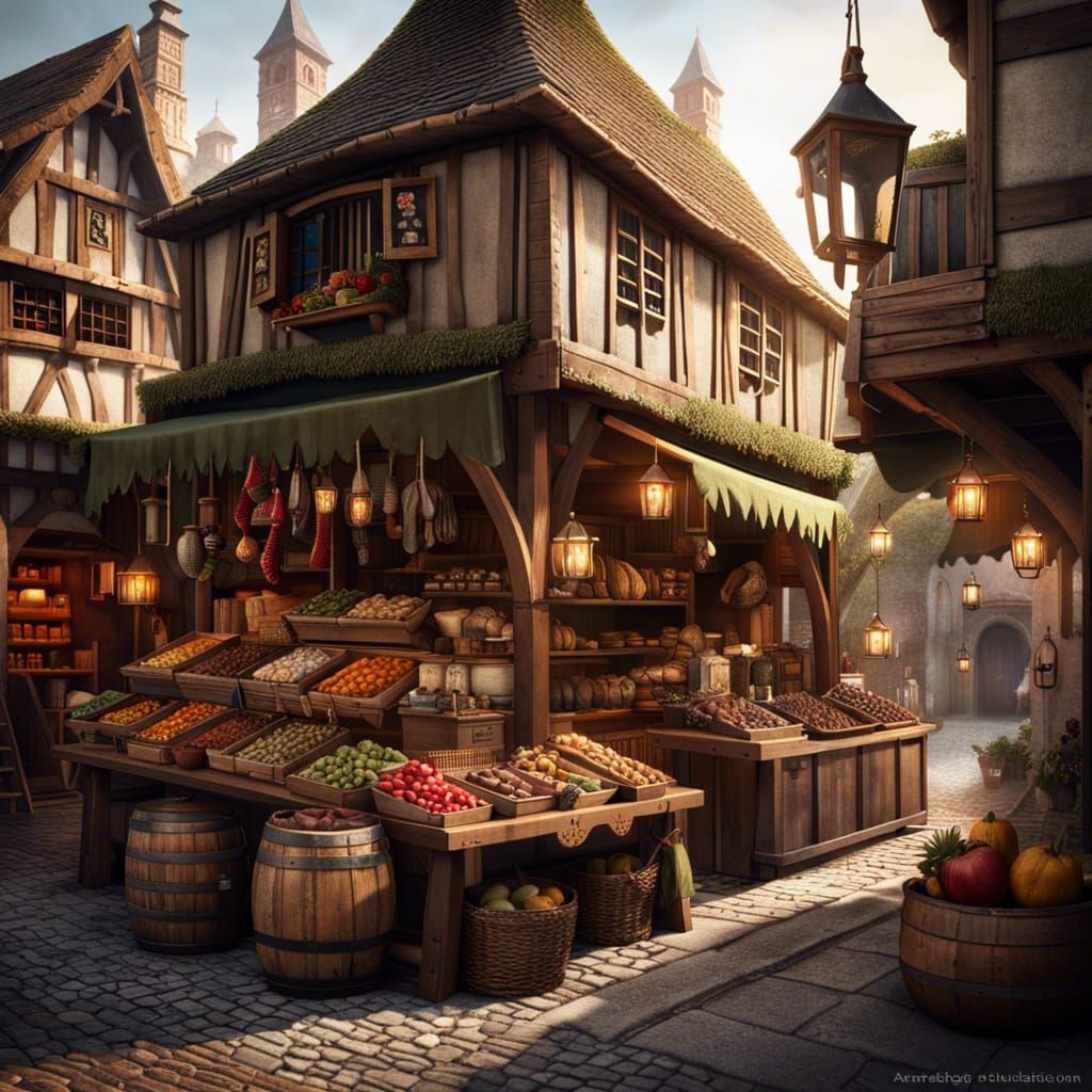 Medieval Village Market in Watercolor Storybook Style