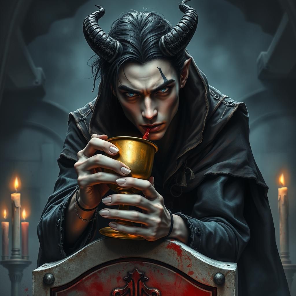 Half-Demon in Crypt: Photorealistic Watercolor Art