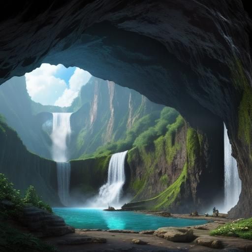 Fantasy Cavern with Waterfall, Photorealistic Landscape