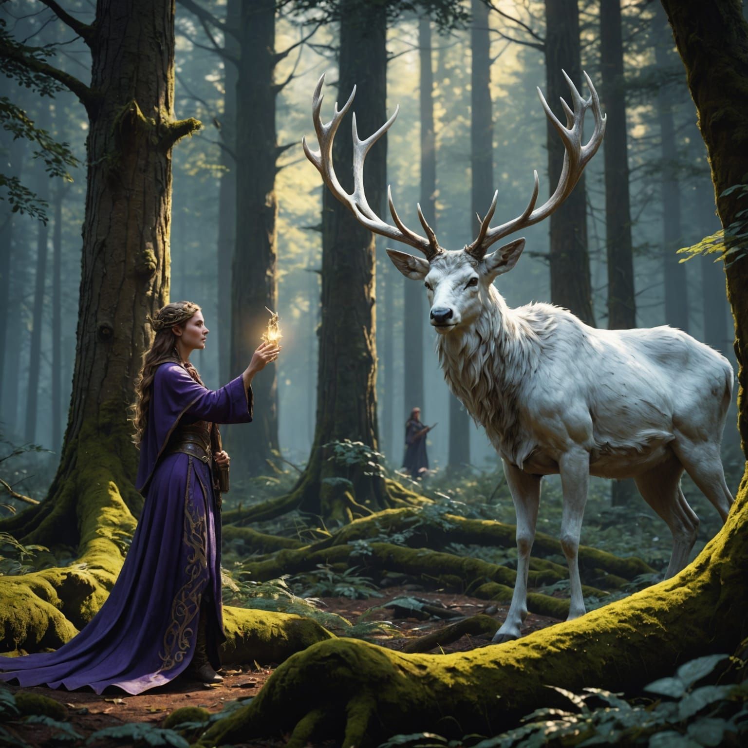 Druidess and White Stag in Ancient Forest