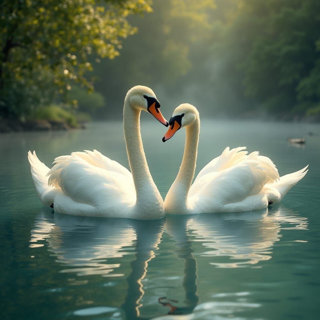 Swans Glide on Serene Lake in Dreamlike Style