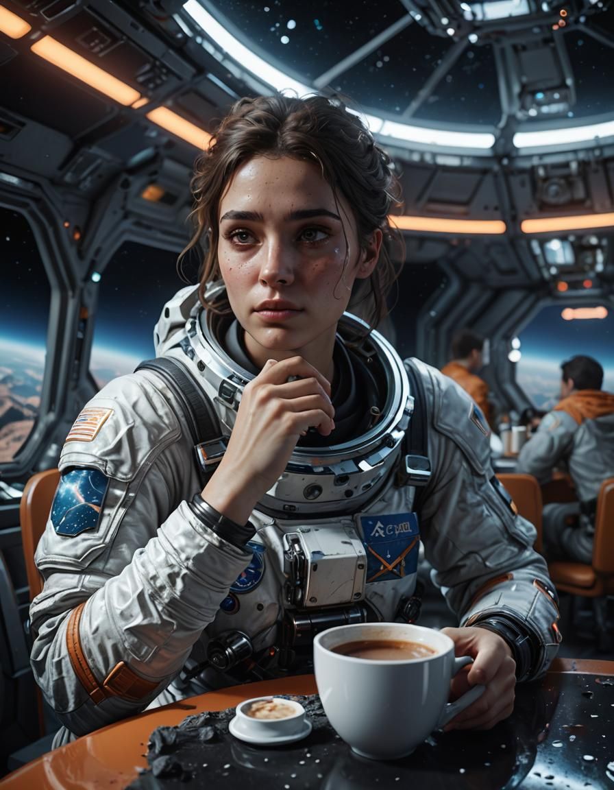Sad Astronaut Girl in Space Cafe: 8K Concept Art