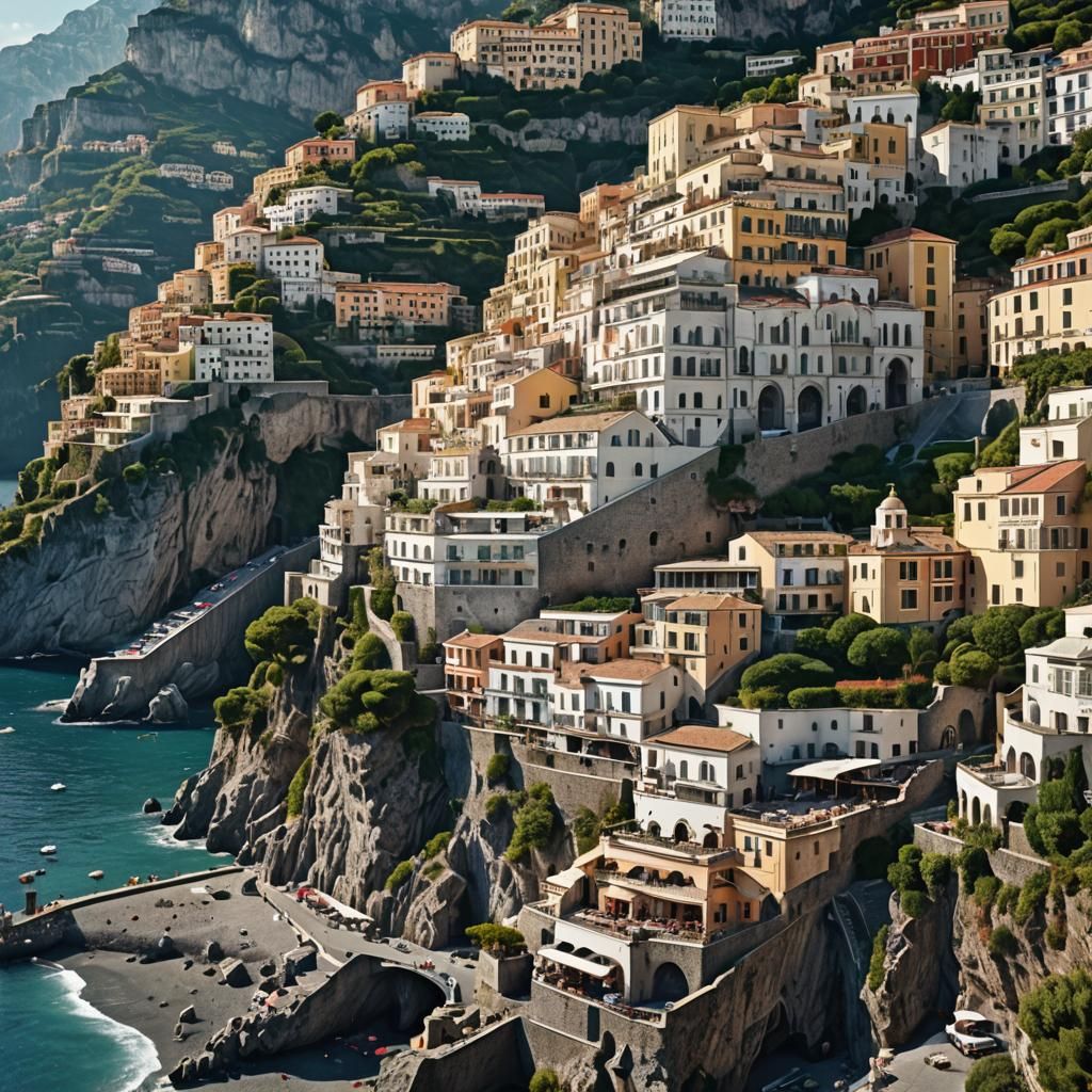 Hyperrealistic Amalfi Coast Photochrom Postcard in 8k
