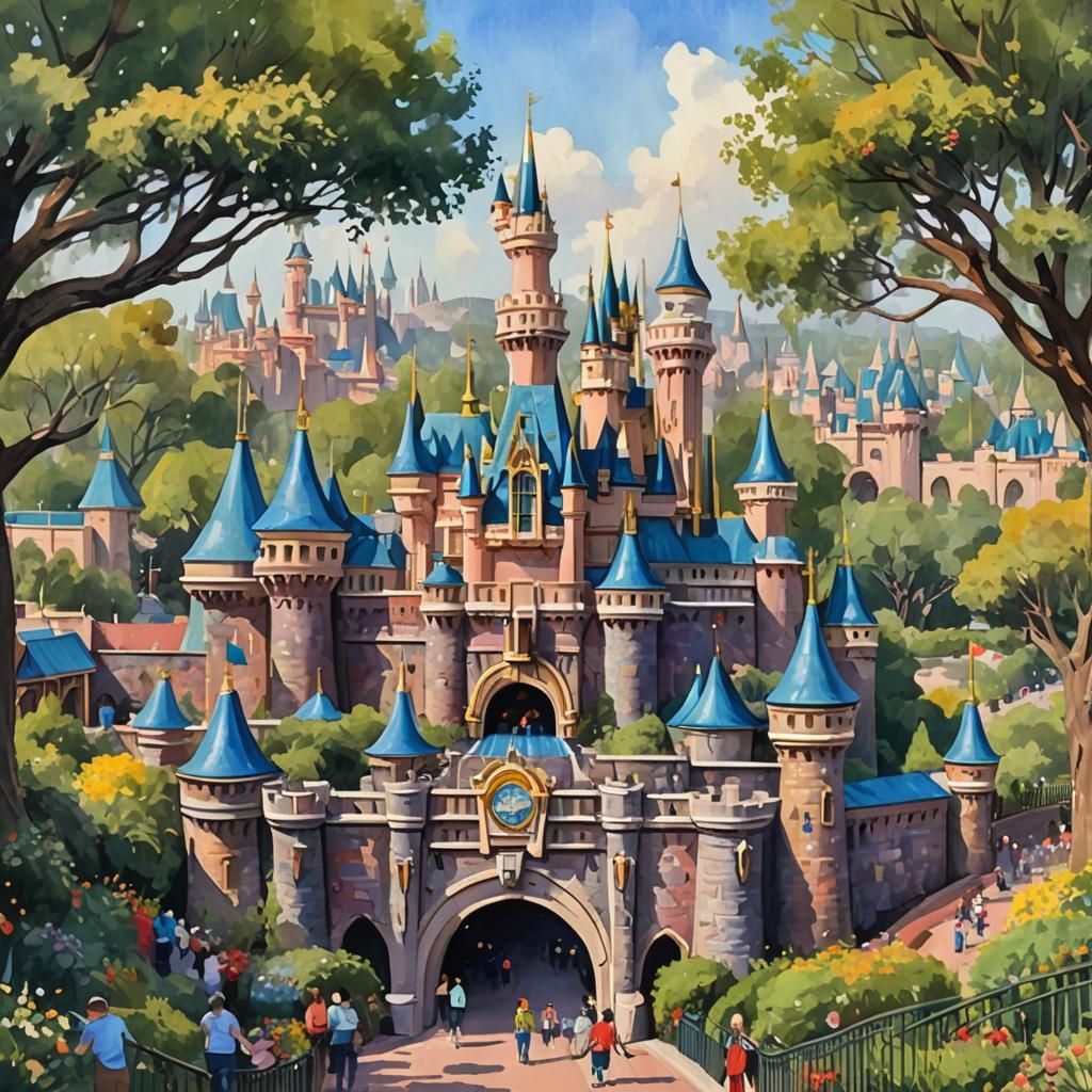 Disneyland Opening Day in Gouache Watercolor Style
