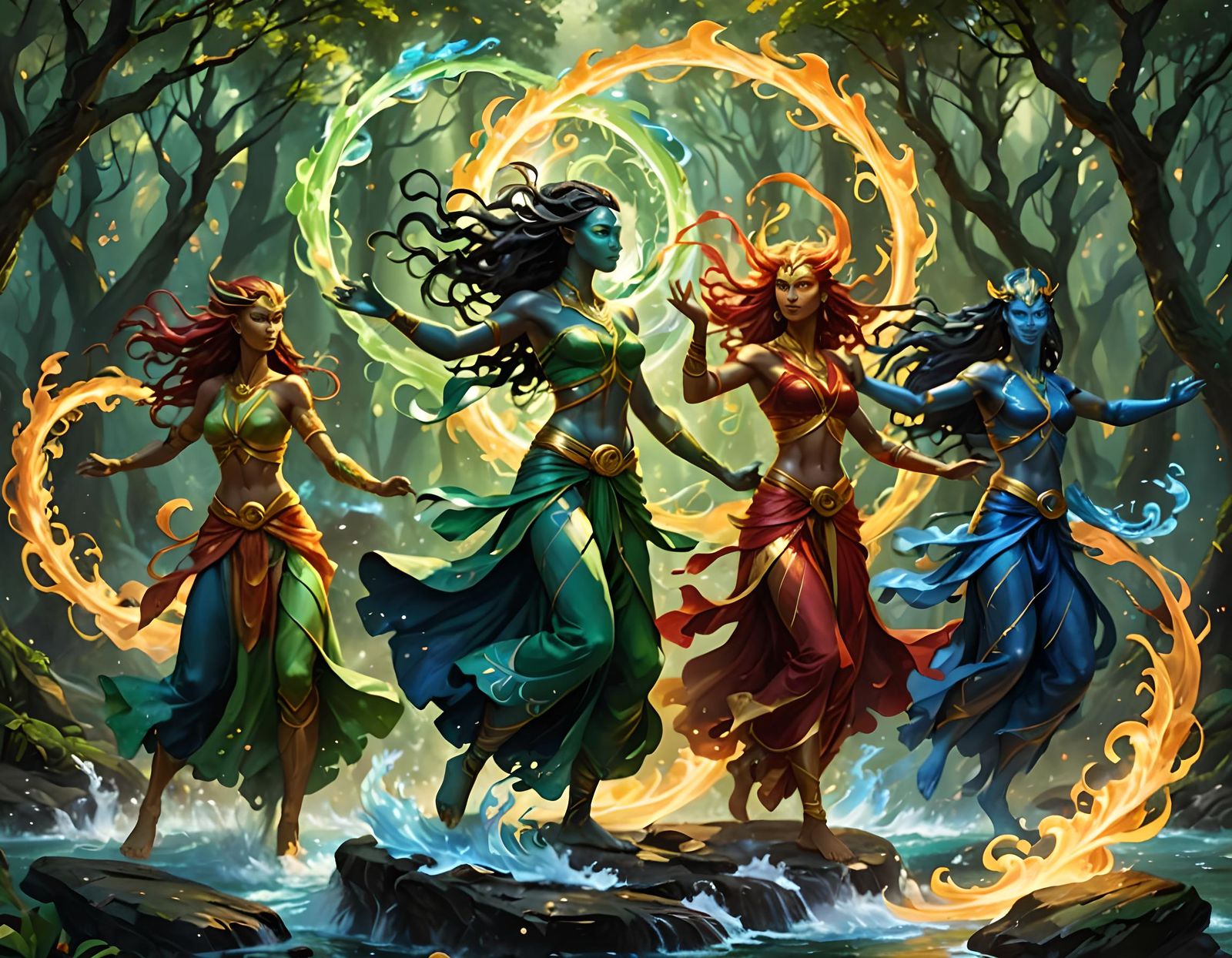 Avatar Elementals, Earth, Air, Fire, Water, intertwined in a mystical dance, dominant hues of green, amber, crimson, cer...