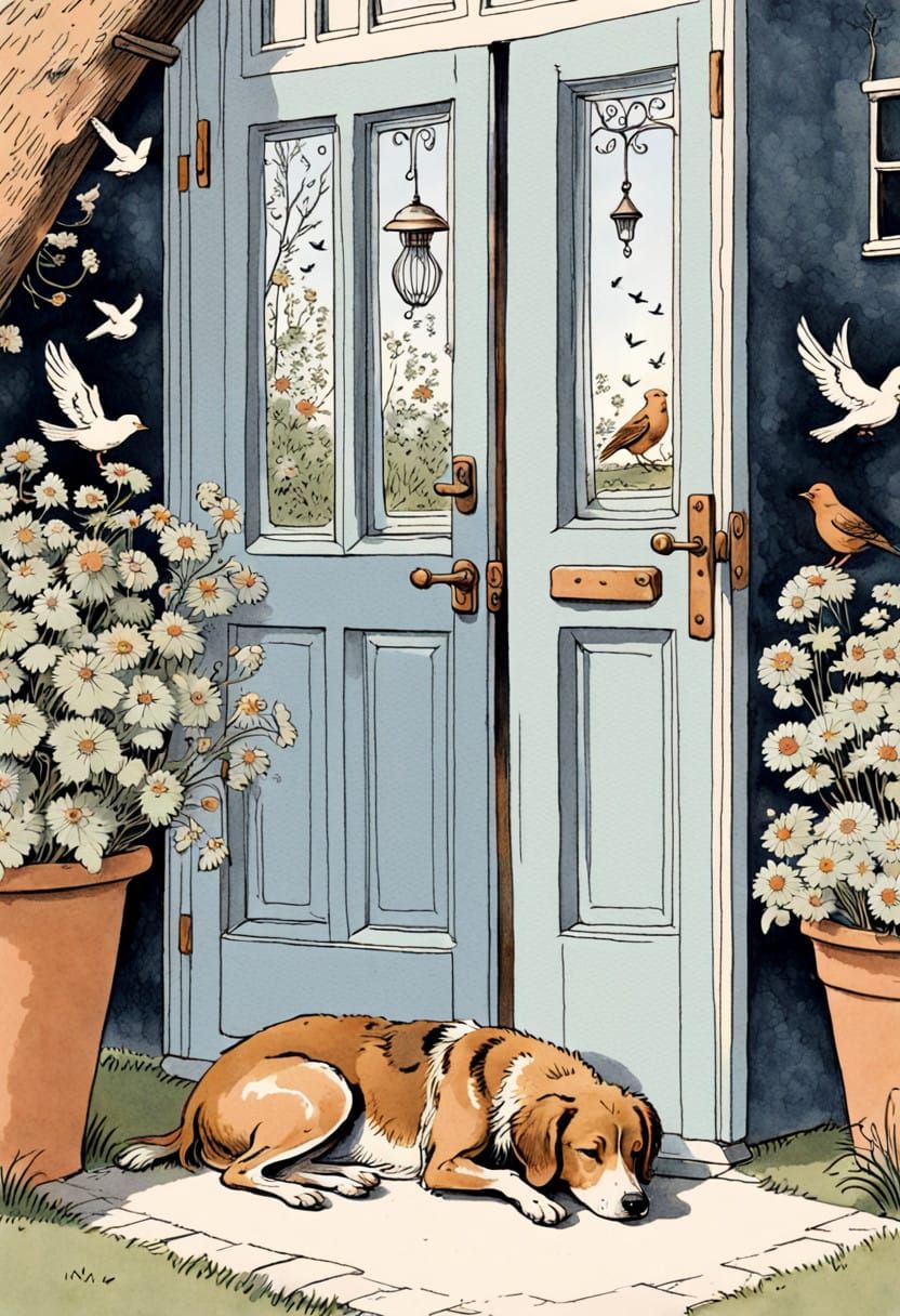 Charming Ink Illustration of Woman and Sleepy Dog in a Whims...