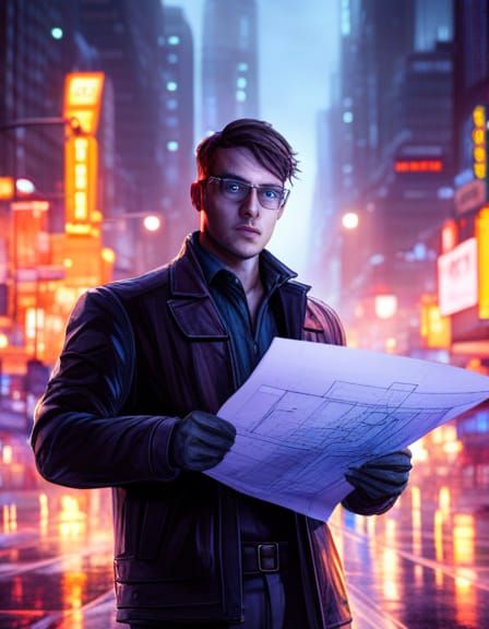 Cyberpunk Robot Blueprint in Rainy City at Night