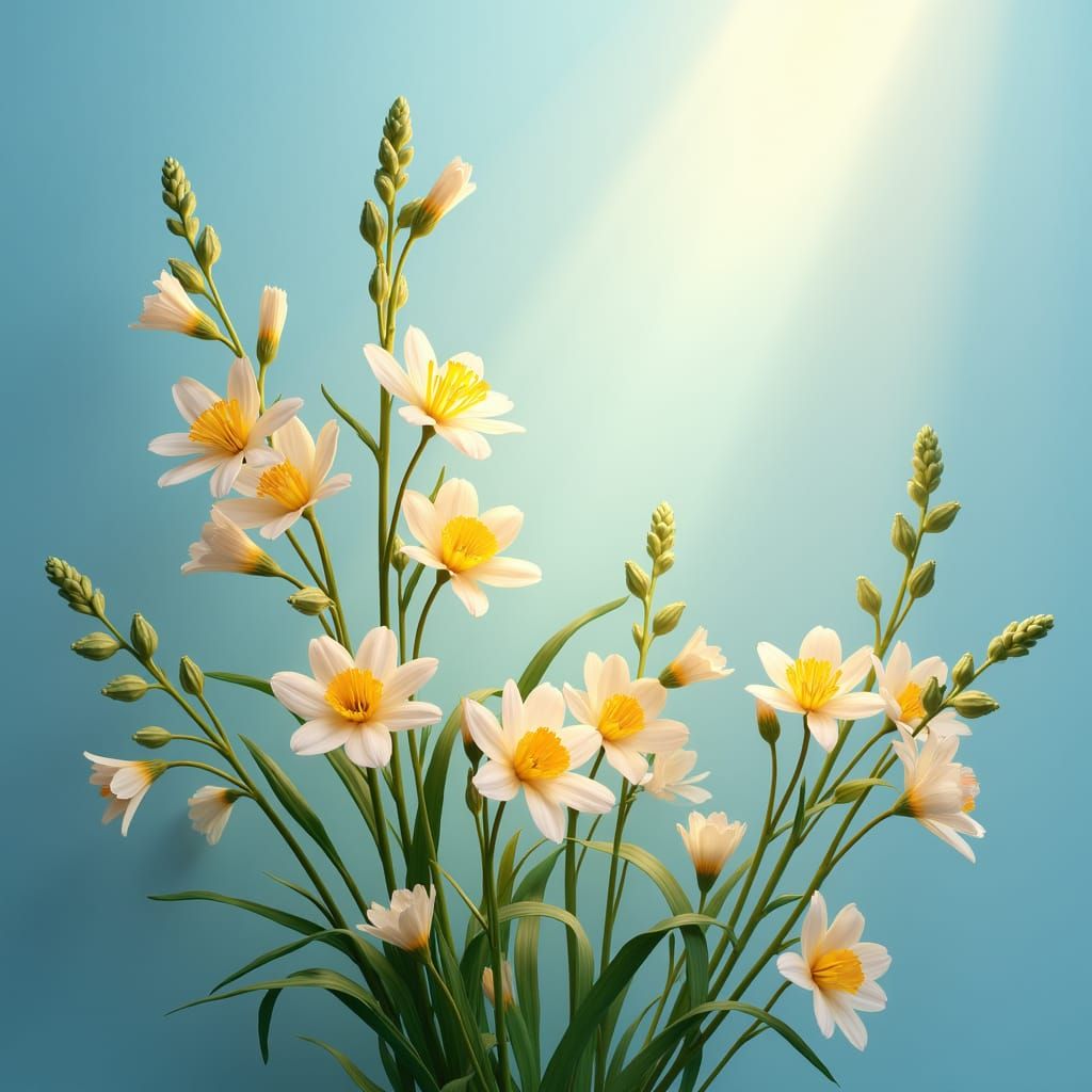 Larkspur and Narcissus Arrangement in Dreamlike Matte Painti...