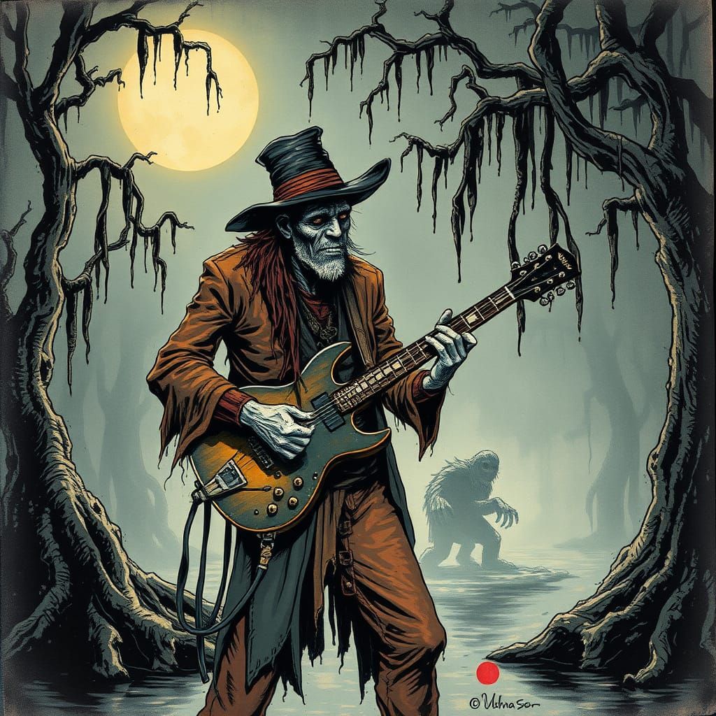 Blues Musician in Bayou, Ink-Splattered Illustration