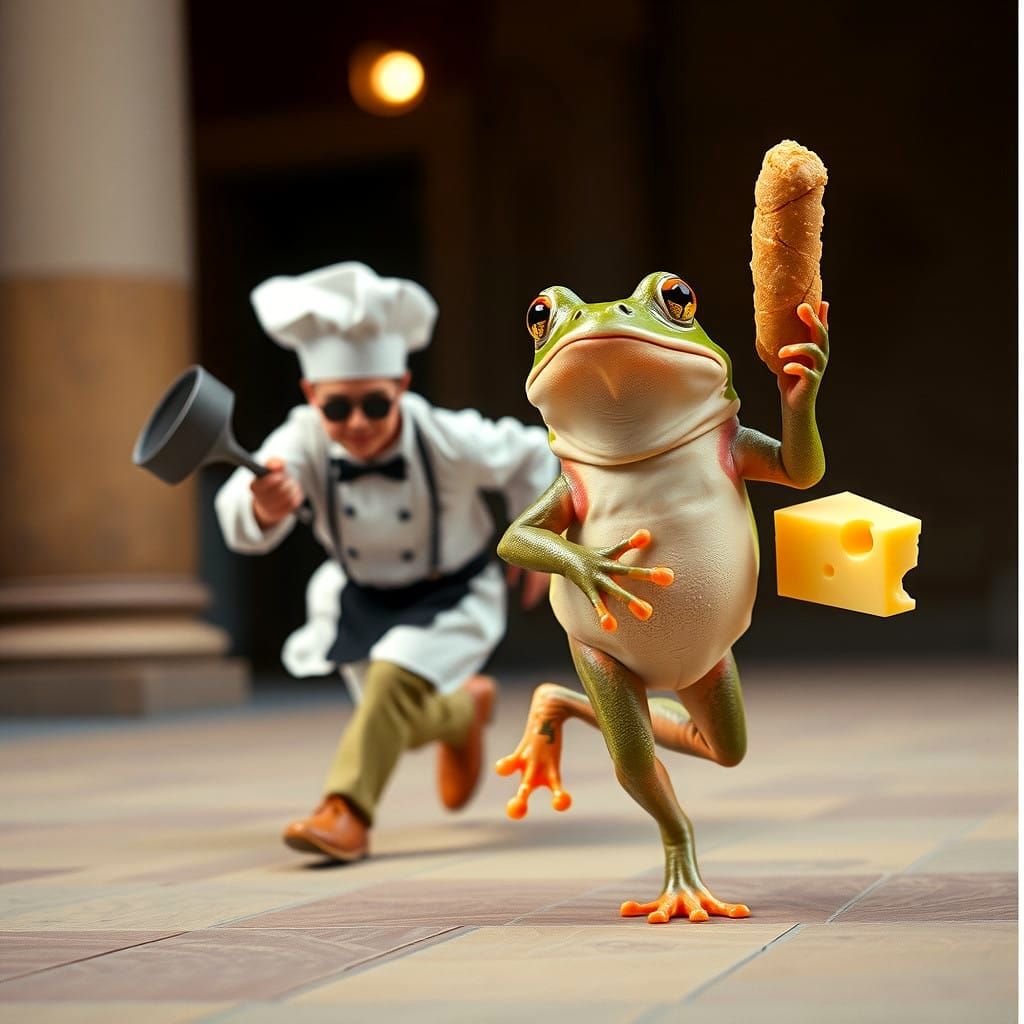 A Chef Chases a Smirking Frog in a Cinematic Film Still