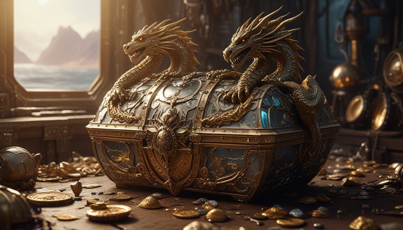 Dragon Guarding Treasure Chest in Alien World