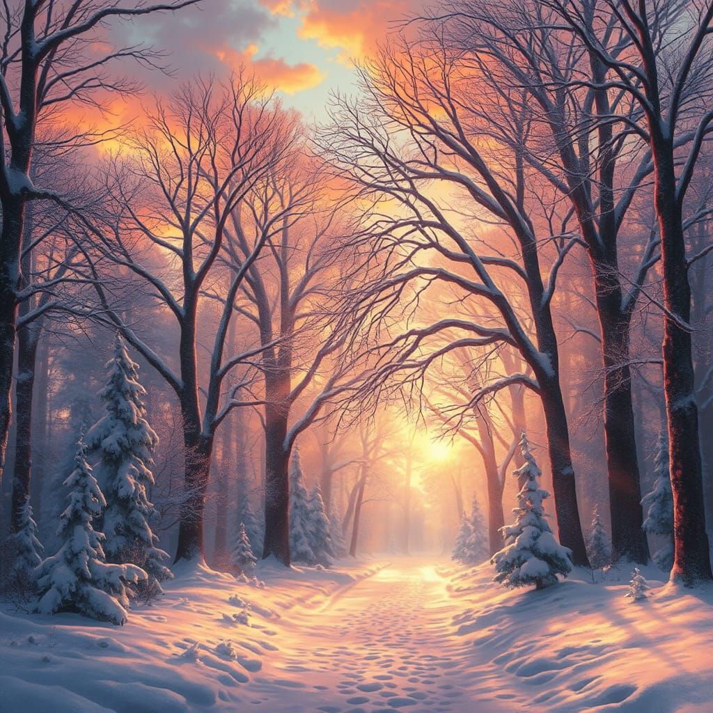 Mystical Winter Forest at Sunset in Watercolor