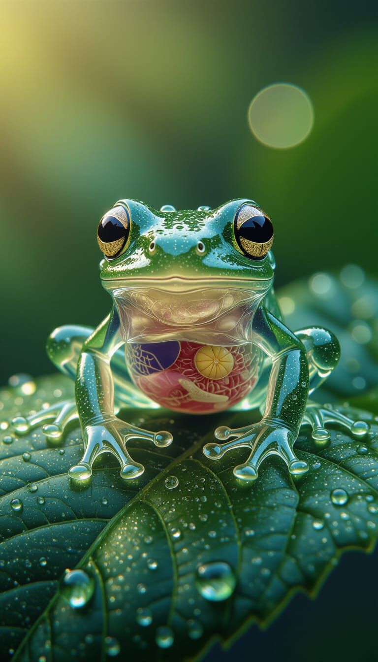 Transparent Frog on Dewy Leaf: Anatomical Crystal Transparen...