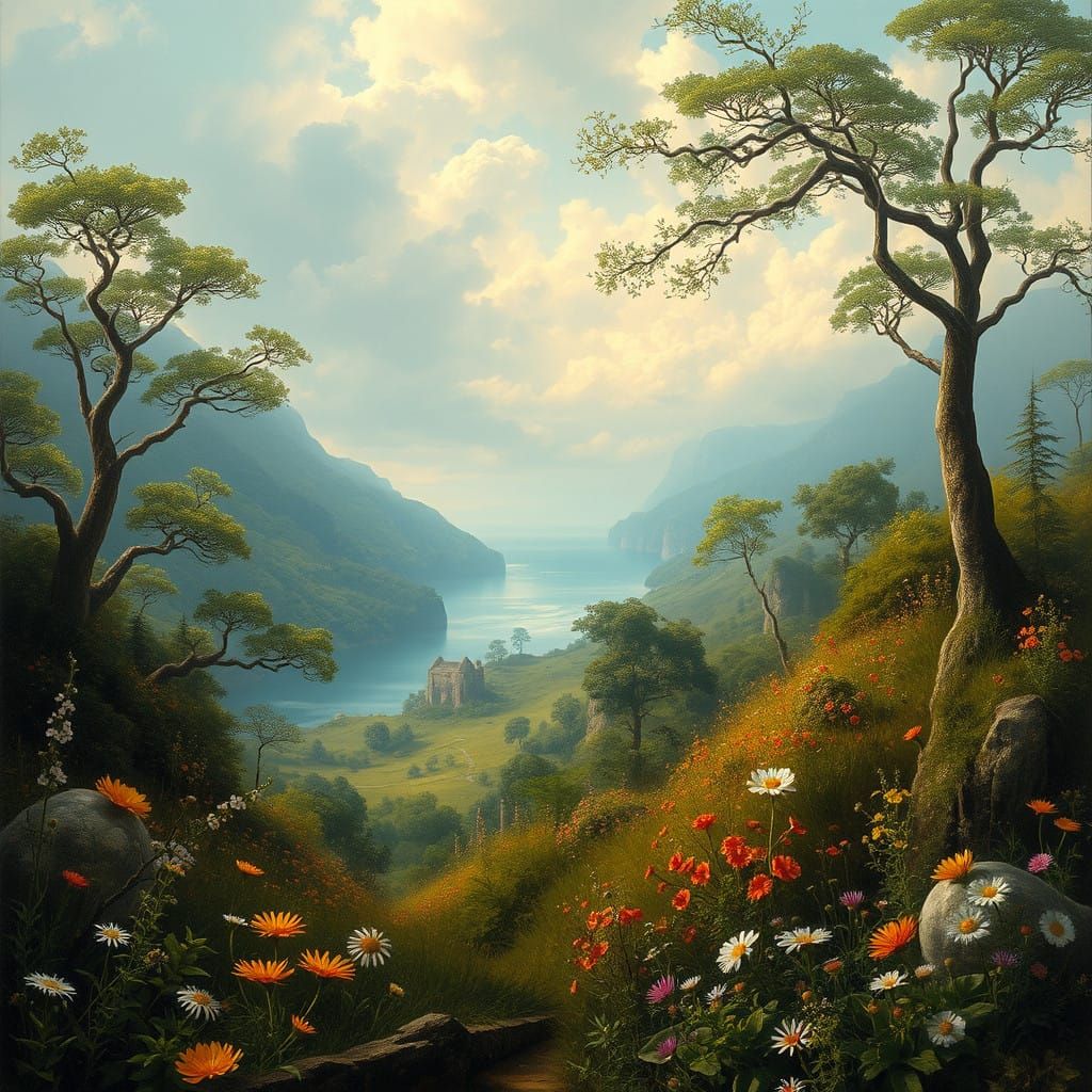 Idyllic Paradise Landscape in Dreamy Watercolor Style