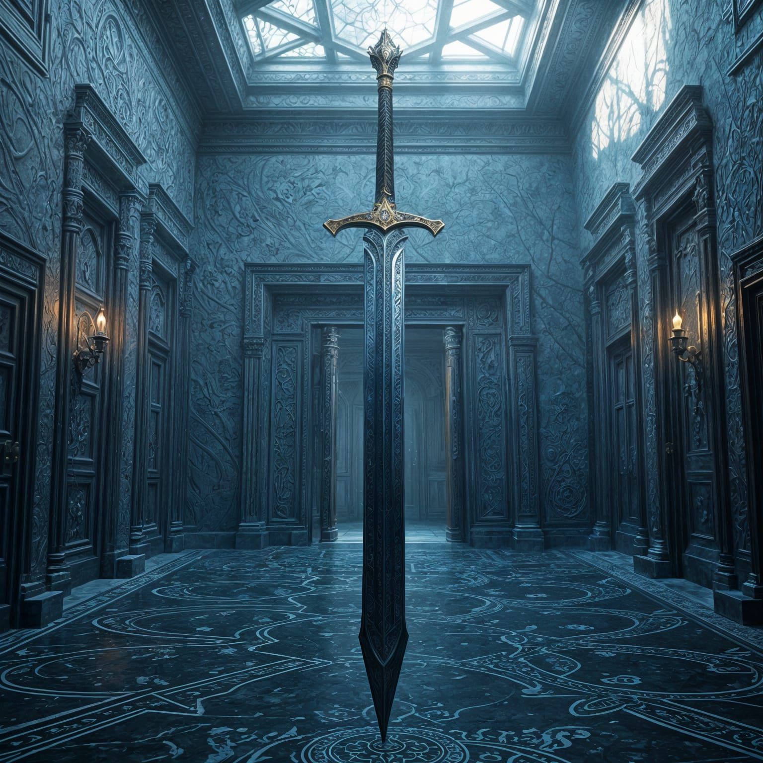 Elegant Sword Balances on Tip in Fantastical Room with Doors