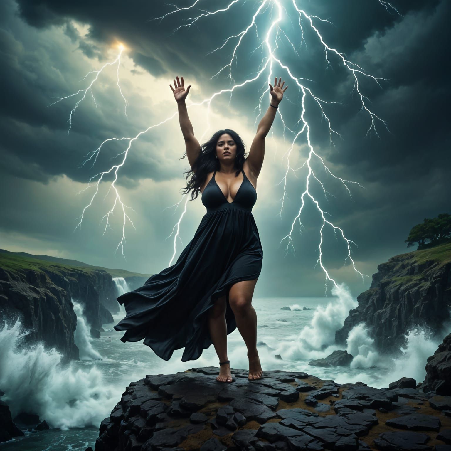 Hyperrealistic Portrait of a Woman in a Stormy Black Dress