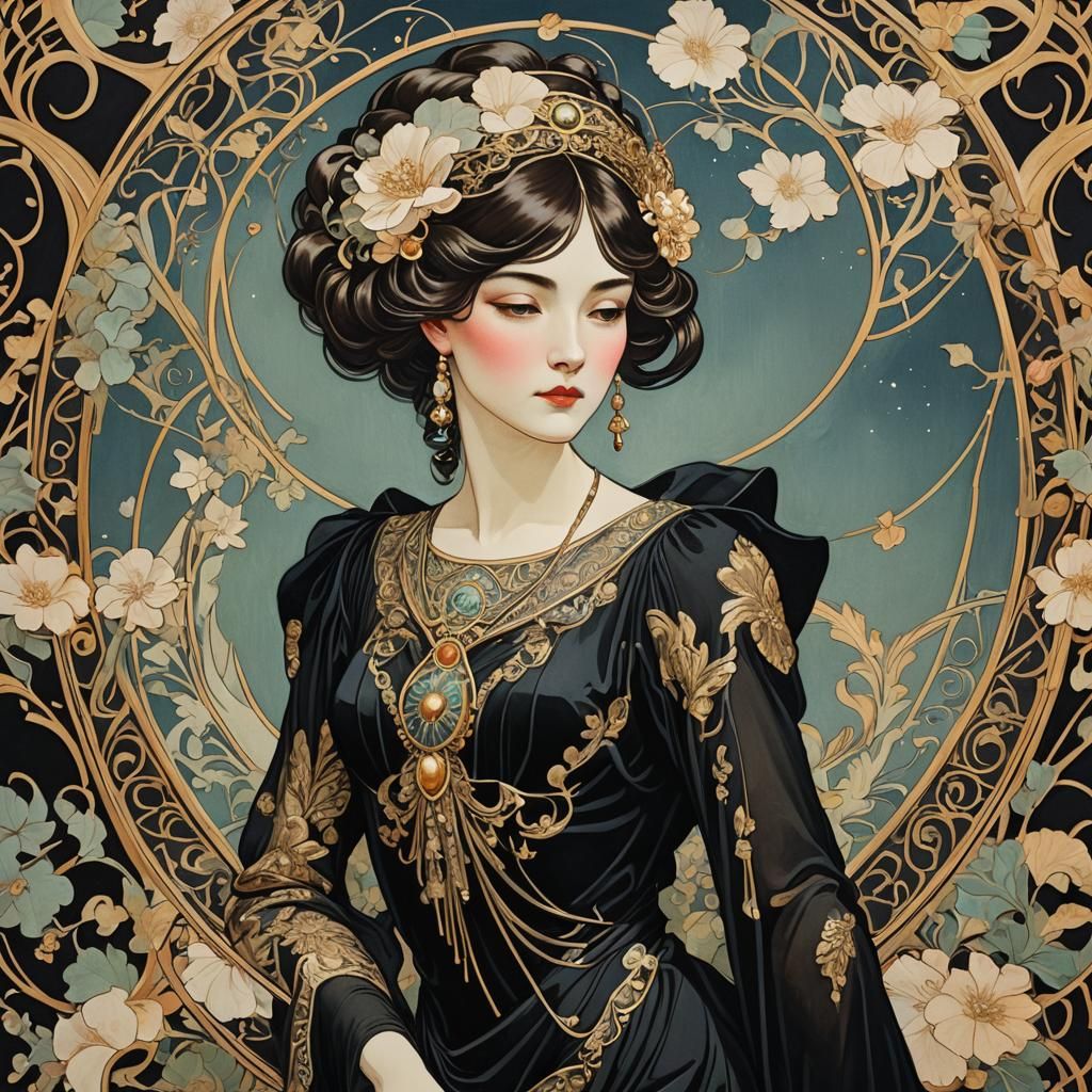 Elegant Art Nouveau Woman in Black Dress