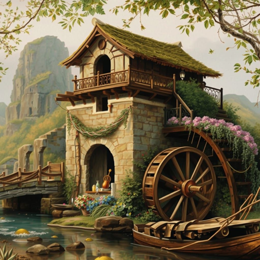 Rustic Stone Cottage Amidst Idyllic Landscape in Whimsical S...