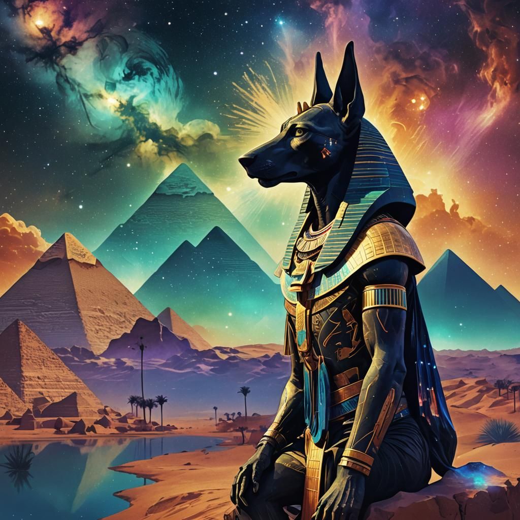 Anubis in Nebula Night: Digital Illustration