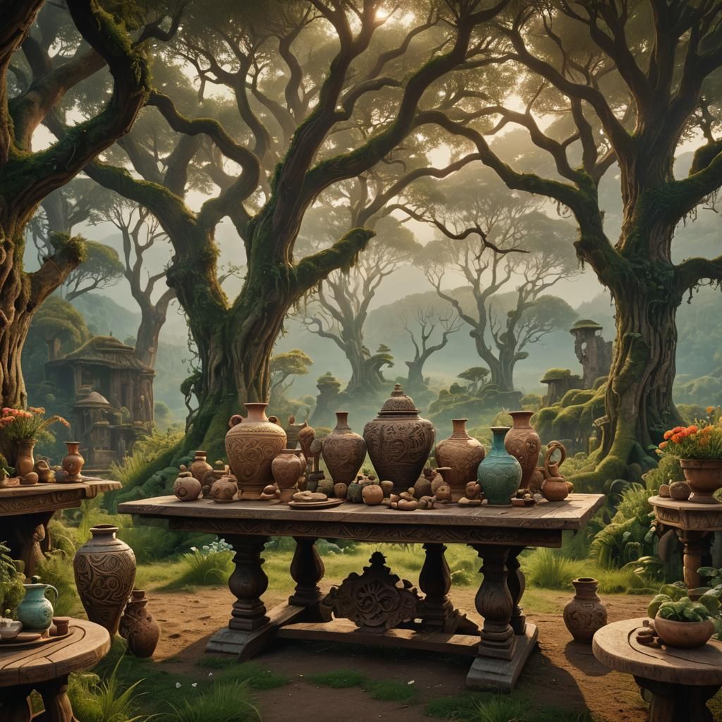 Rustic Table with Clay Vases in Dreamy Landscape