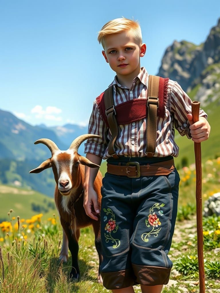 Bavarian Boy and Goat in Hyperrealistic Detail