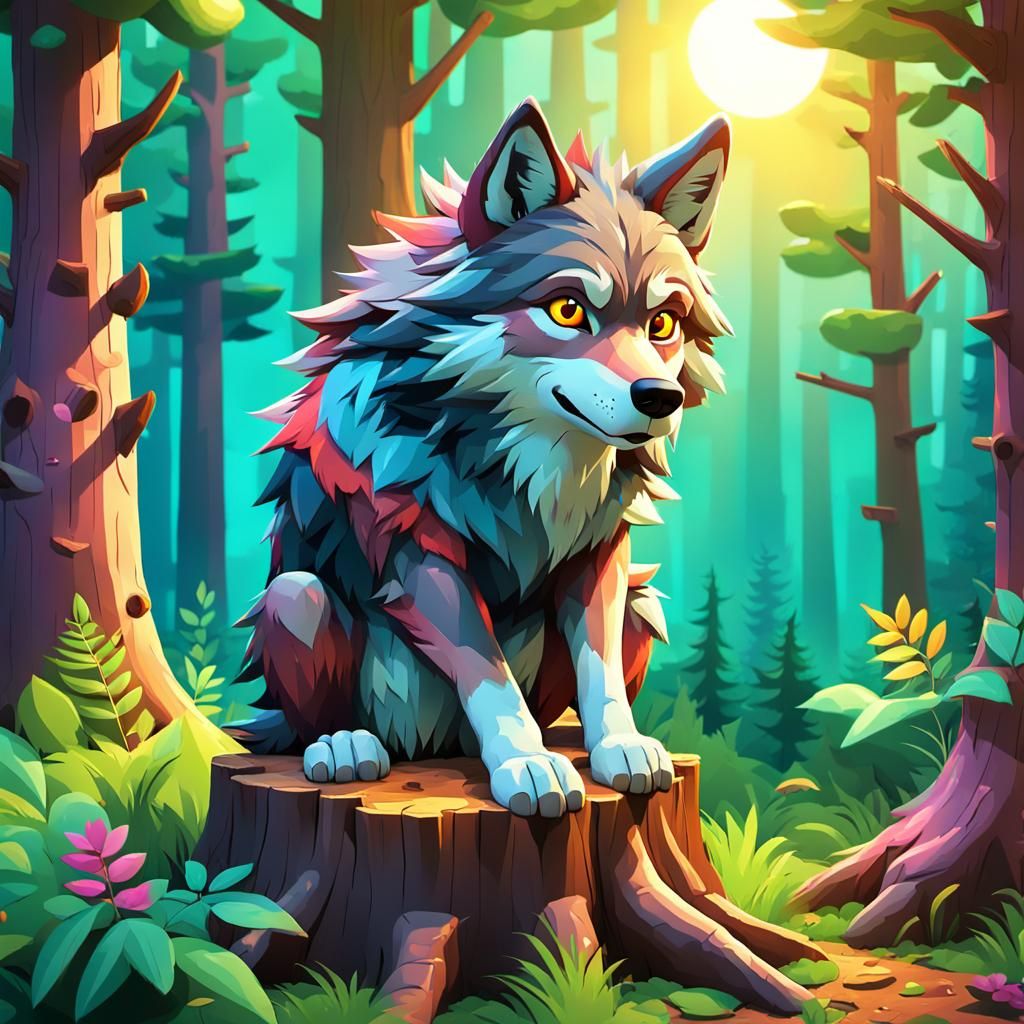 Cartoon Wolf in Forest: Vibrant Digital Art