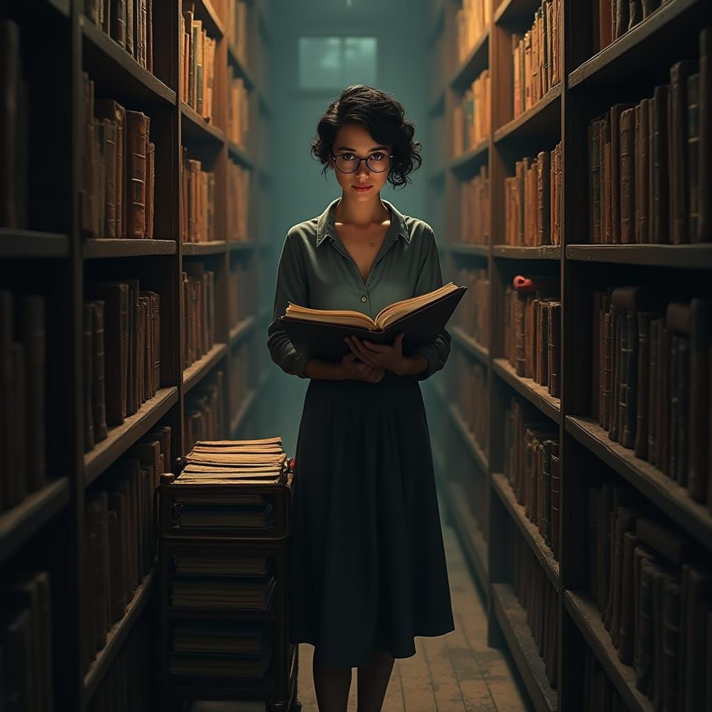 Vintage-Inspired Librarian Amidst Ancient Tomes