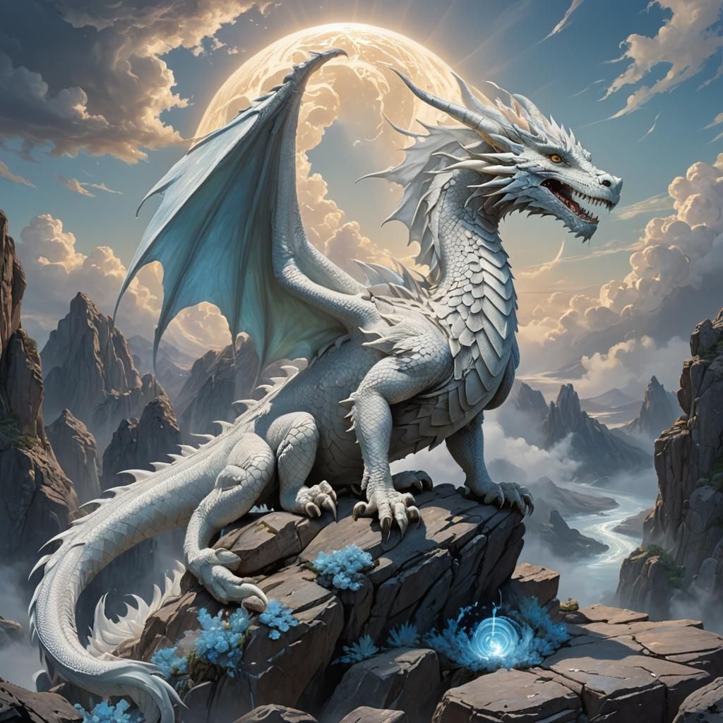 Majestic White Dragon Perched in Ethereal Light