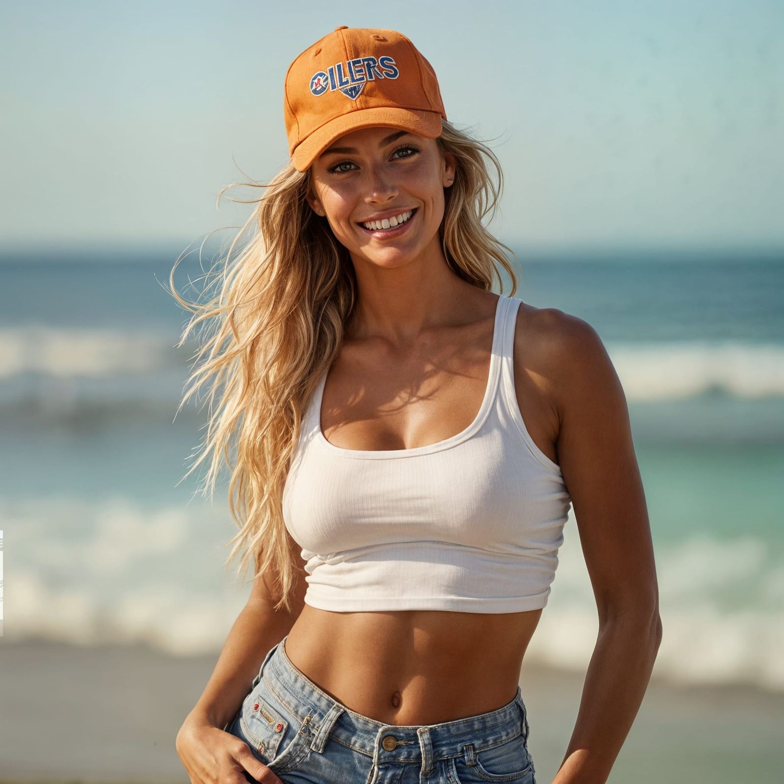 Sultry Blonde Cheerleader in Houston Oilers Cap