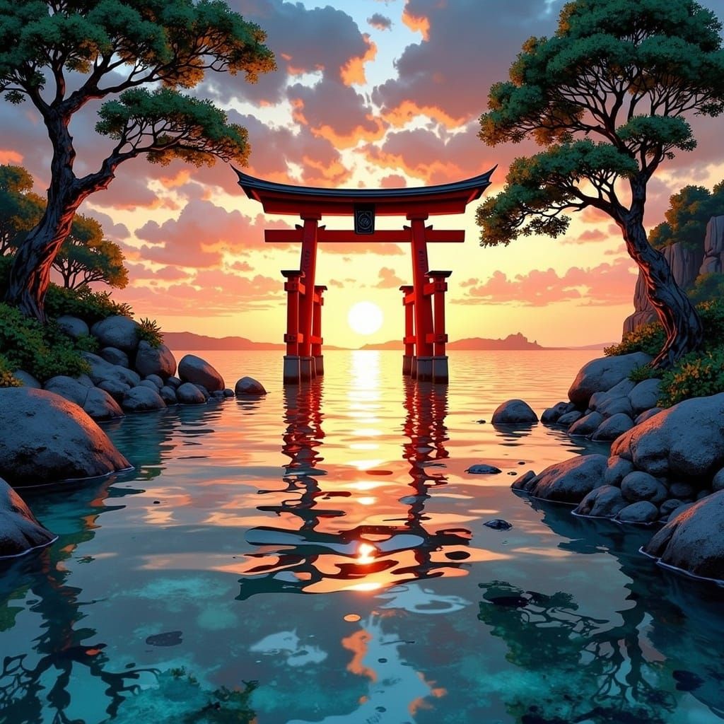 Surreal Japanese Torii in Sunlit Water, Cyberpunk Inspired