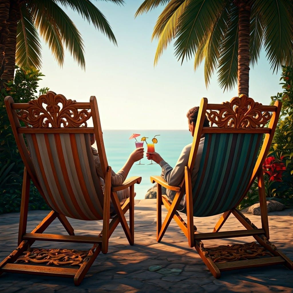 Romantic Couple in Ornate Deckchairs at Seaside Resort
