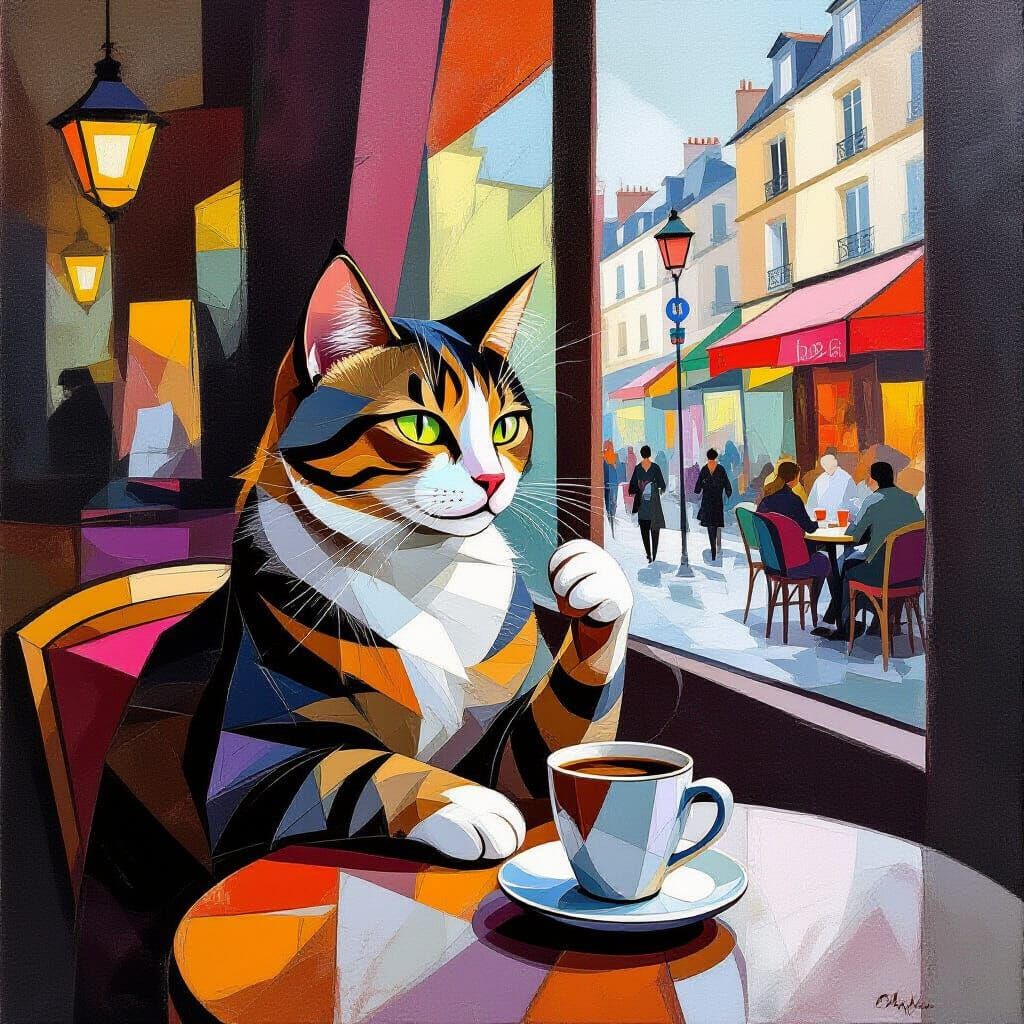 Cubist Cat Enjoys Coffee in Parisian Cafe