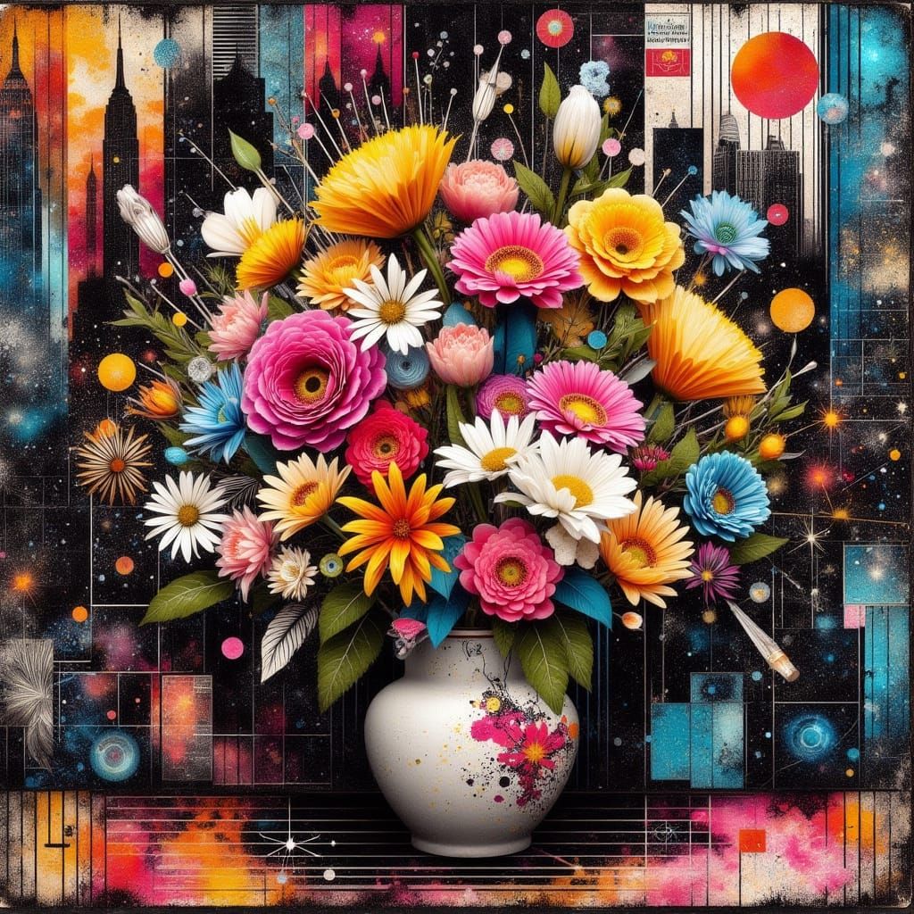 Vibrant City Florals in Distressed Art Deco Style