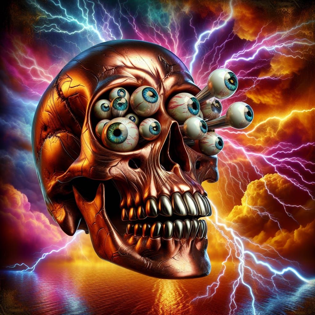 Metallic Copper Skull with Lightning Backdrop
