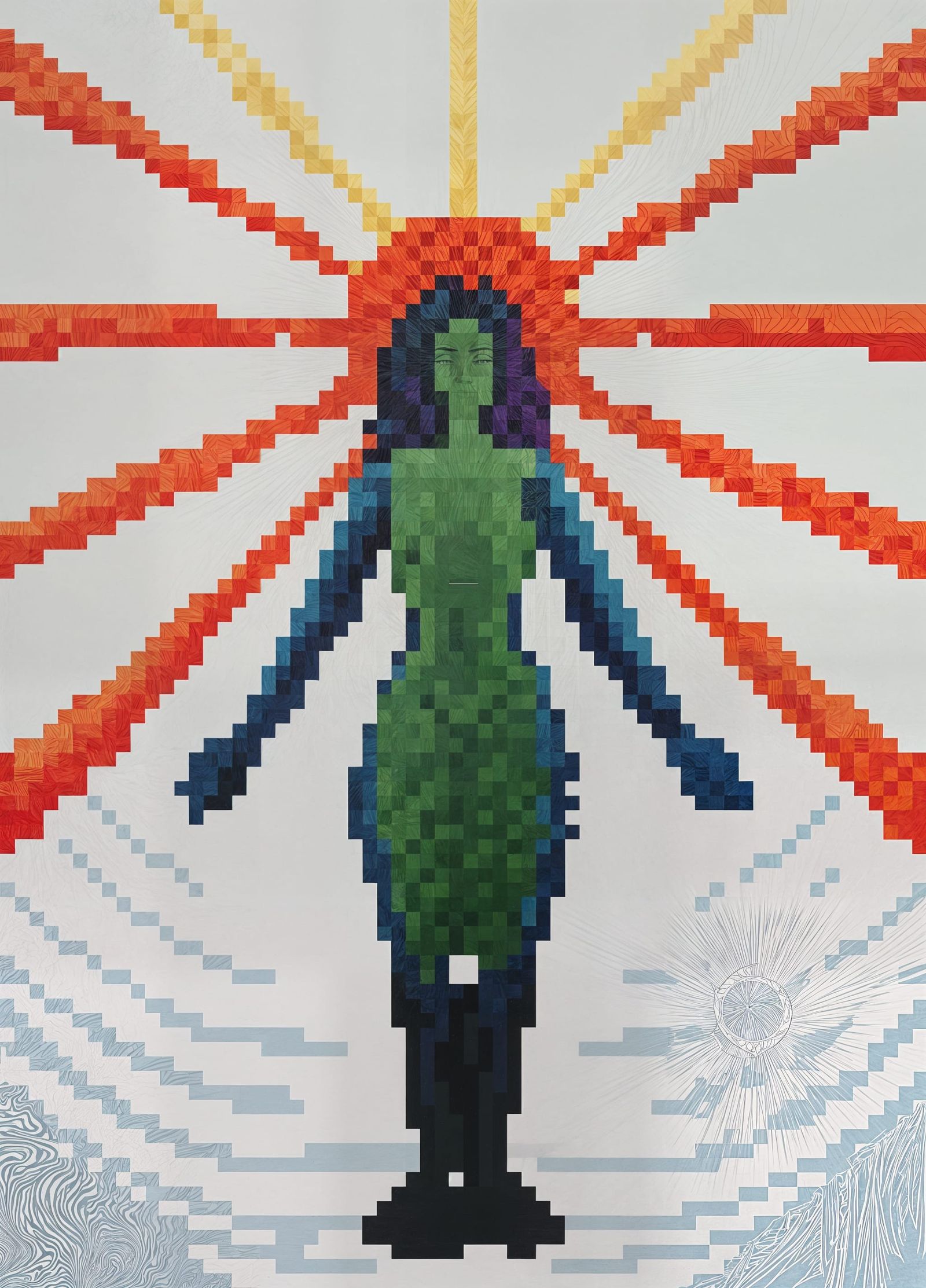 Vibrant Woman Basks in Kaleidoscopic Sunshine Amidst Swirlin...