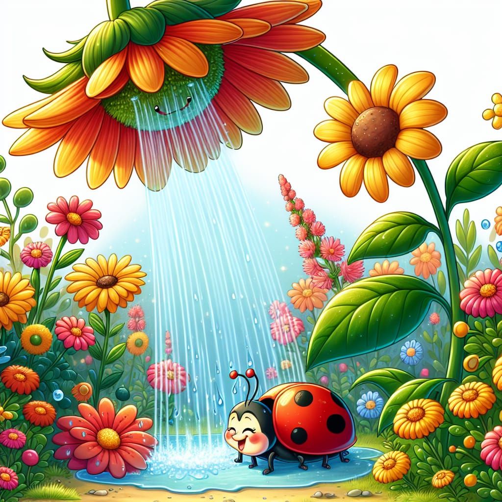 Whimsical Cartoon Garden Shower on a Summer Day