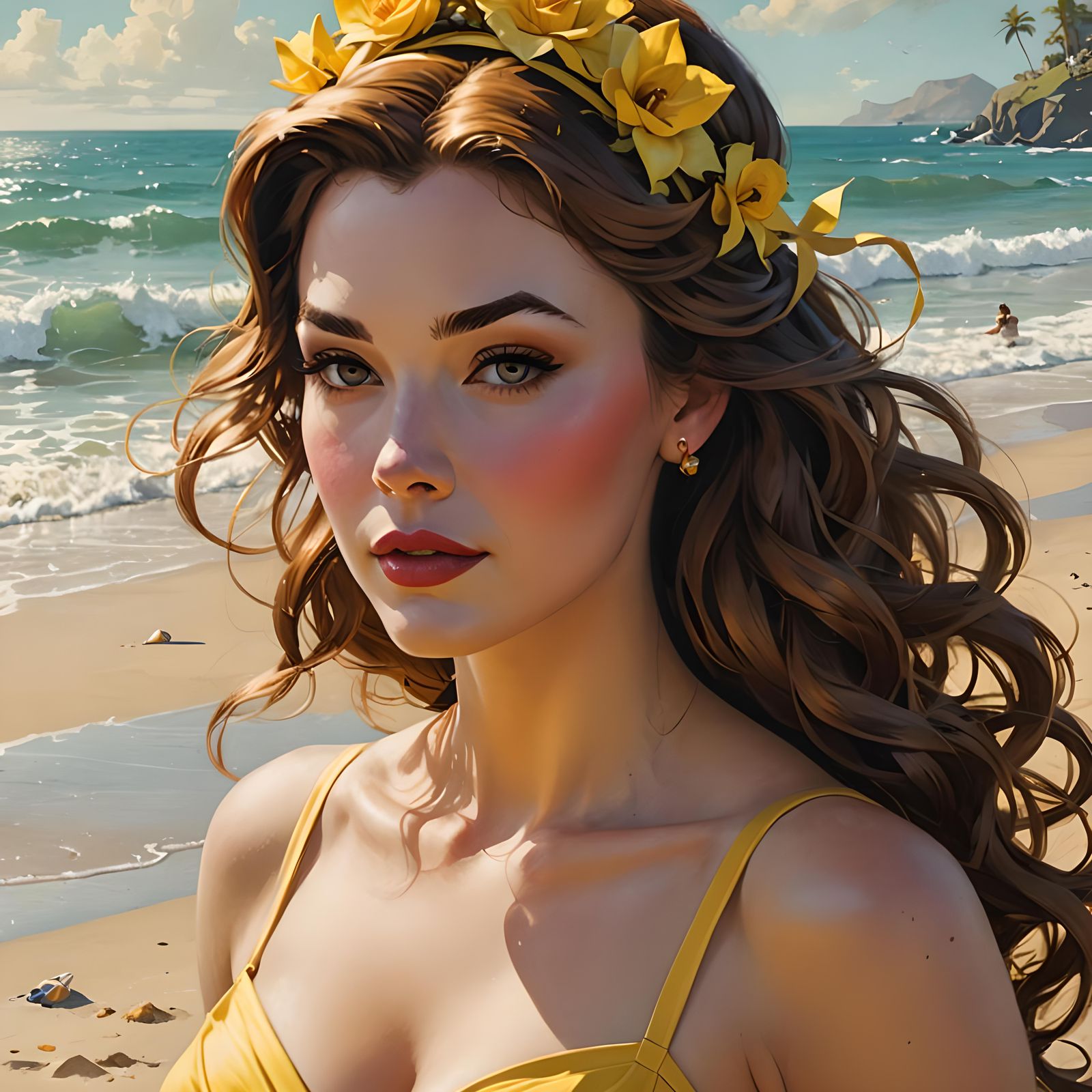 Princess Belle Beach Portrait in Pin-Up Style