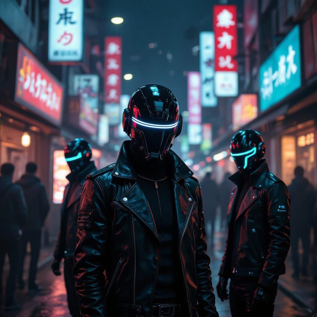 Cybernetic Figures in Neo Tokyo Alleyway